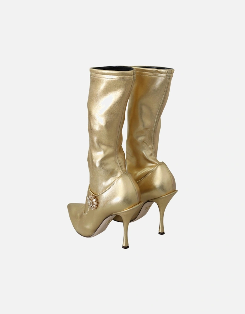 Gold Leather Pumps CrystalEmbellished Style Women Boots