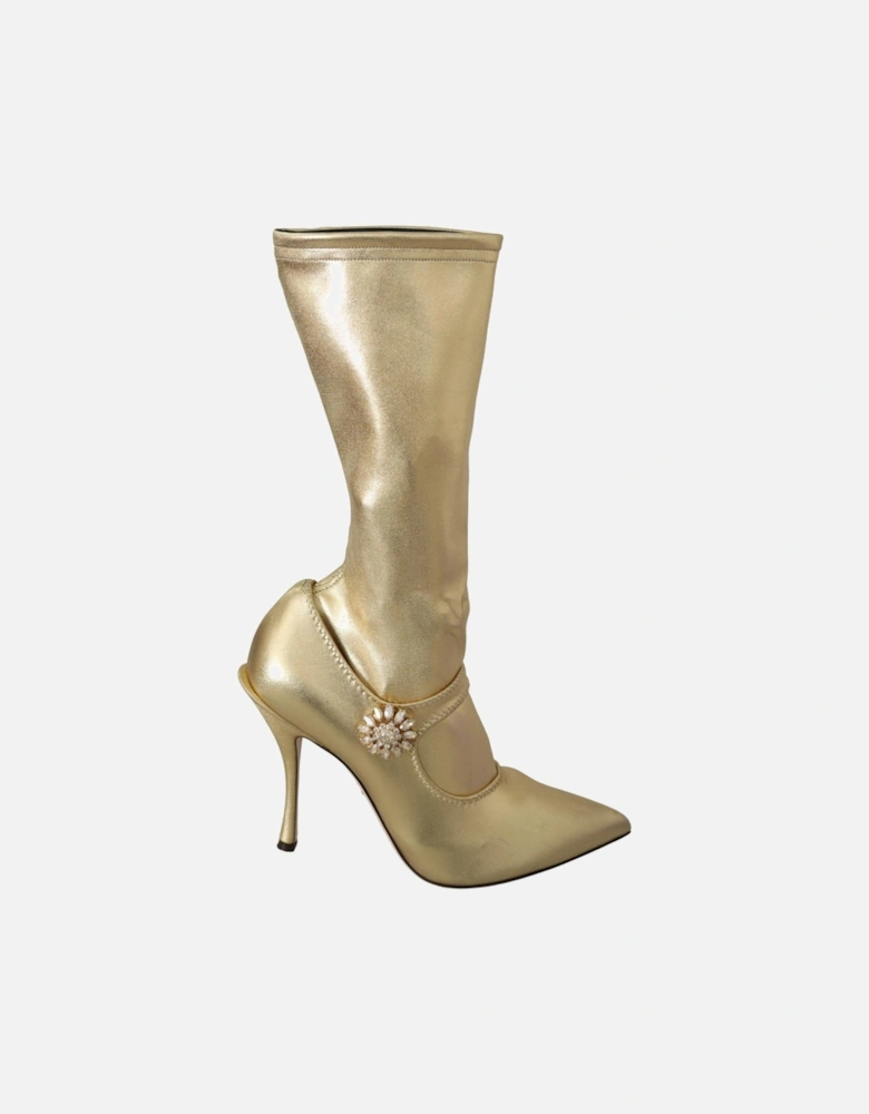 Gold Leather Pumps CrystalEmbellished Style Women Boots