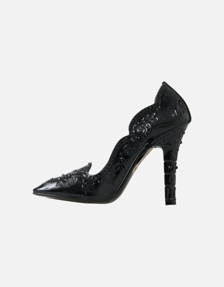 Floral Pumps Patent Leather Heels Women - Black