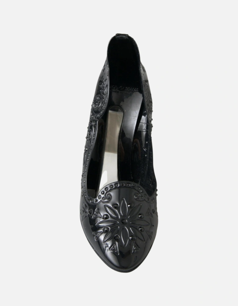 Floral Pumps Patent Leather Heels Women - Black