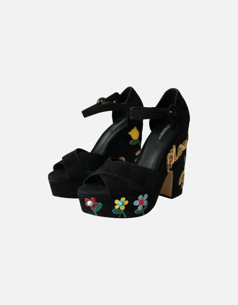 Ankle Strap Floral Heel Sandals with Sequins Women - Black