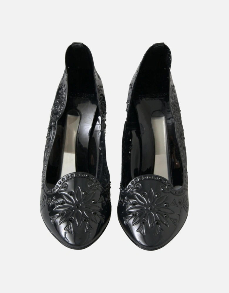 Floral Pumps Patent Leather Heels Women - Black