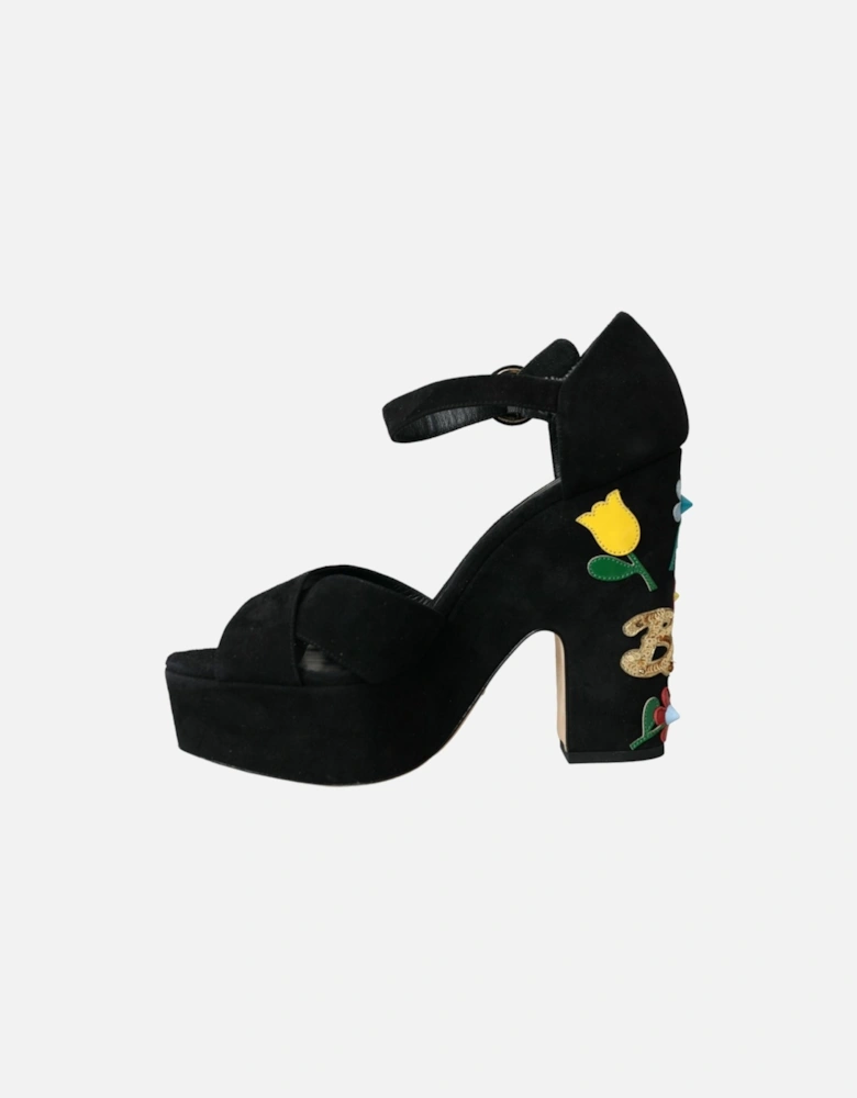 Ankle Strap Floral Heel Sandals with Sequins Women - Black