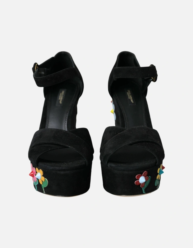 Ankle Strap Floral Heel Sandals with Sequins Women - Black