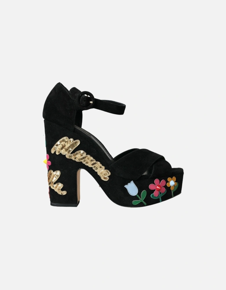 Ankle Strap Floral Heel Sandals with Sequins Women - Black