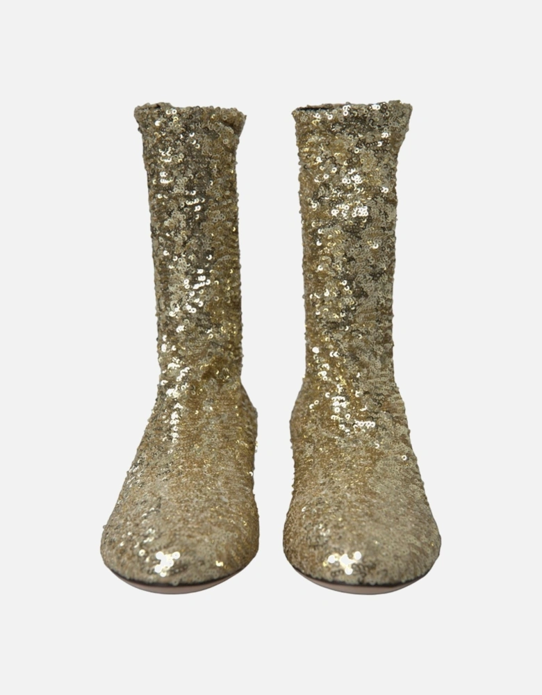 Opulent Mid Calf Gold Boots with Logo Details Women