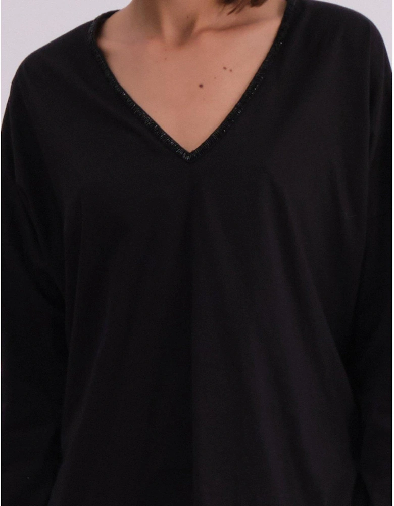 Long Sleeve Deep V-neck Jersey Top With Heavy Beaded Tonal Neck Line - Black