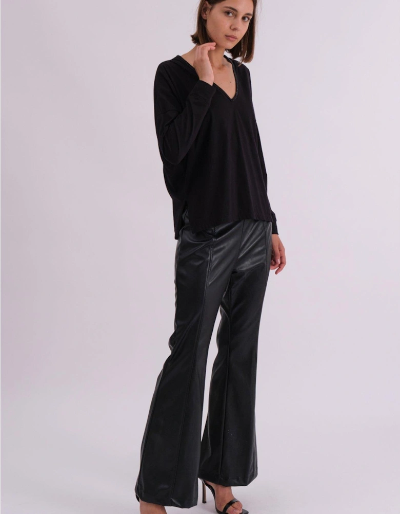 Long Sleeve Deep V-neck Jersey Top With Heavy Beaded Tonal Neck Line - Black