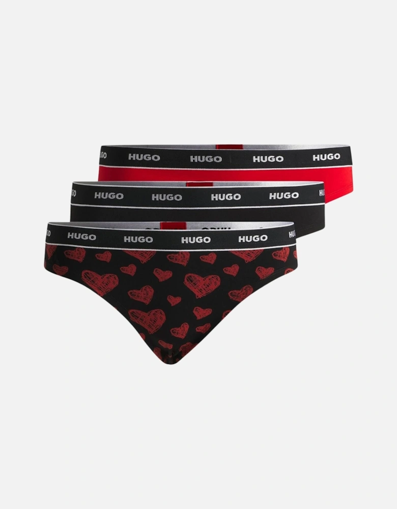 3-Pack Classic Logo Hearts Print Thongs, Black/Red