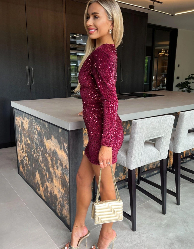 Velvet Sequin Long Sleeve Mini Dress - Wine