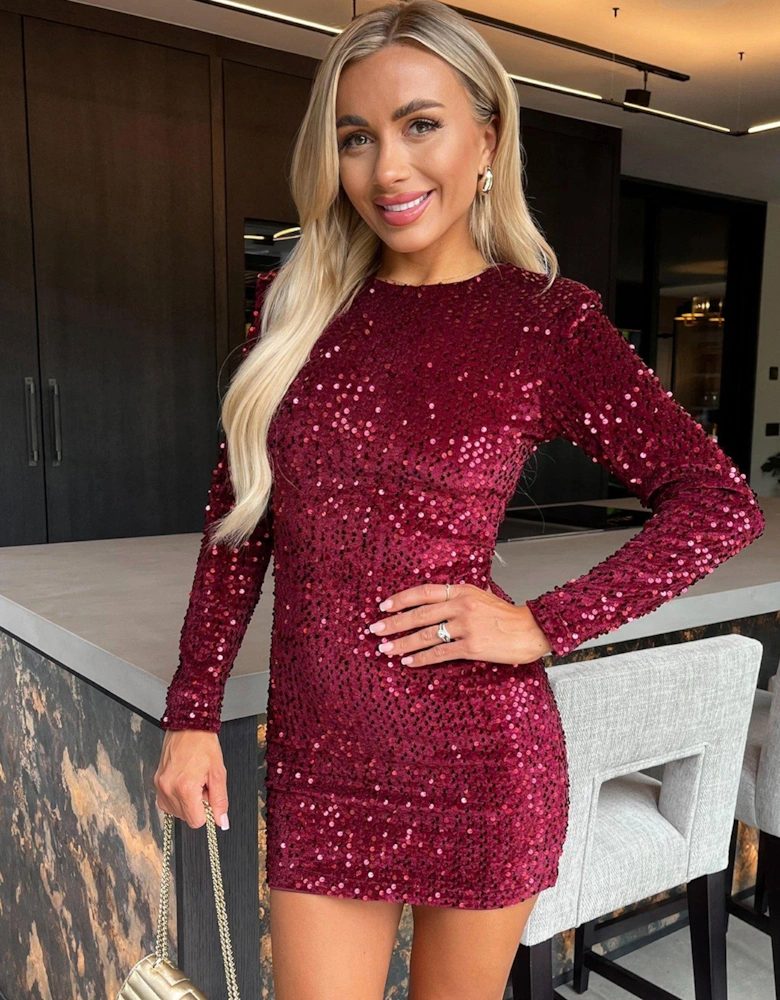 Velvet Sequin Long Sleeve Mini Dress - Wine