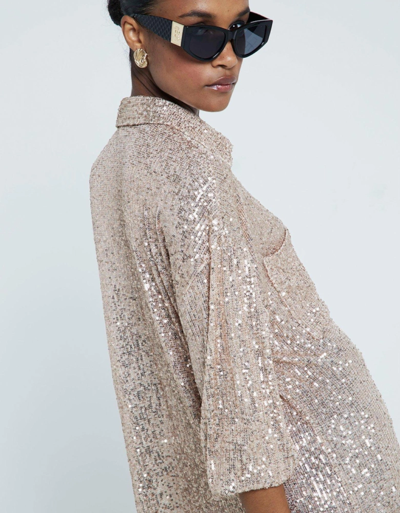 Dual Pocket Sequin Shirt - Rose Gold