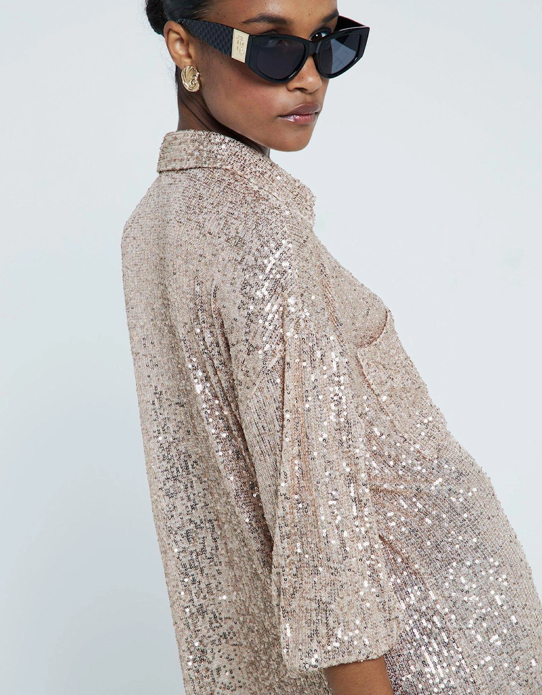 Dual Pocket Sequin Shirt - Rose Gold