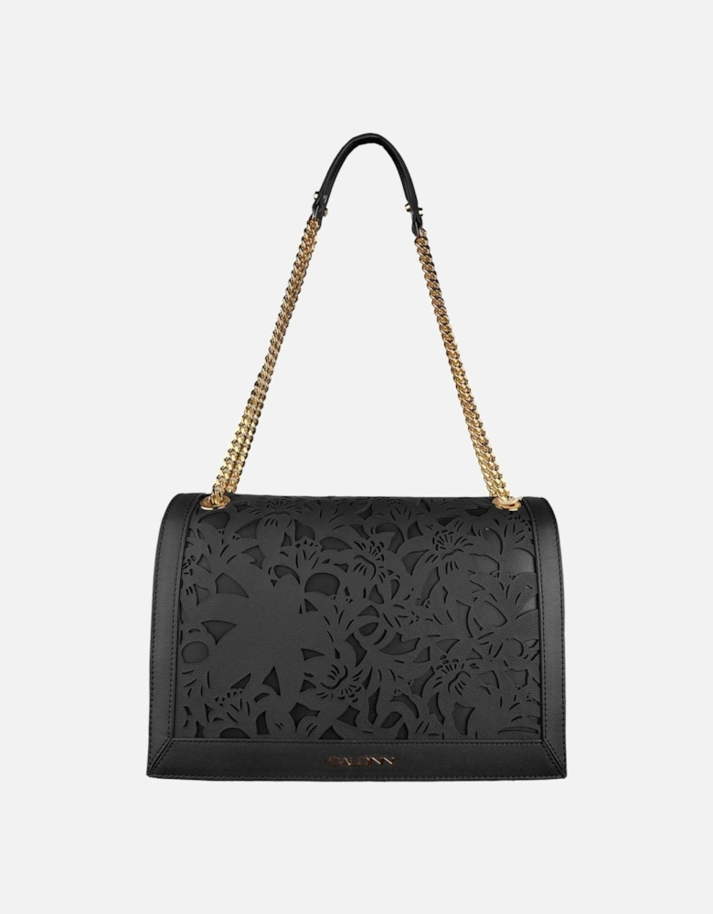 Floral Laser-Cut Black Calfskin Shoulder Bag Women Crossbody Bags