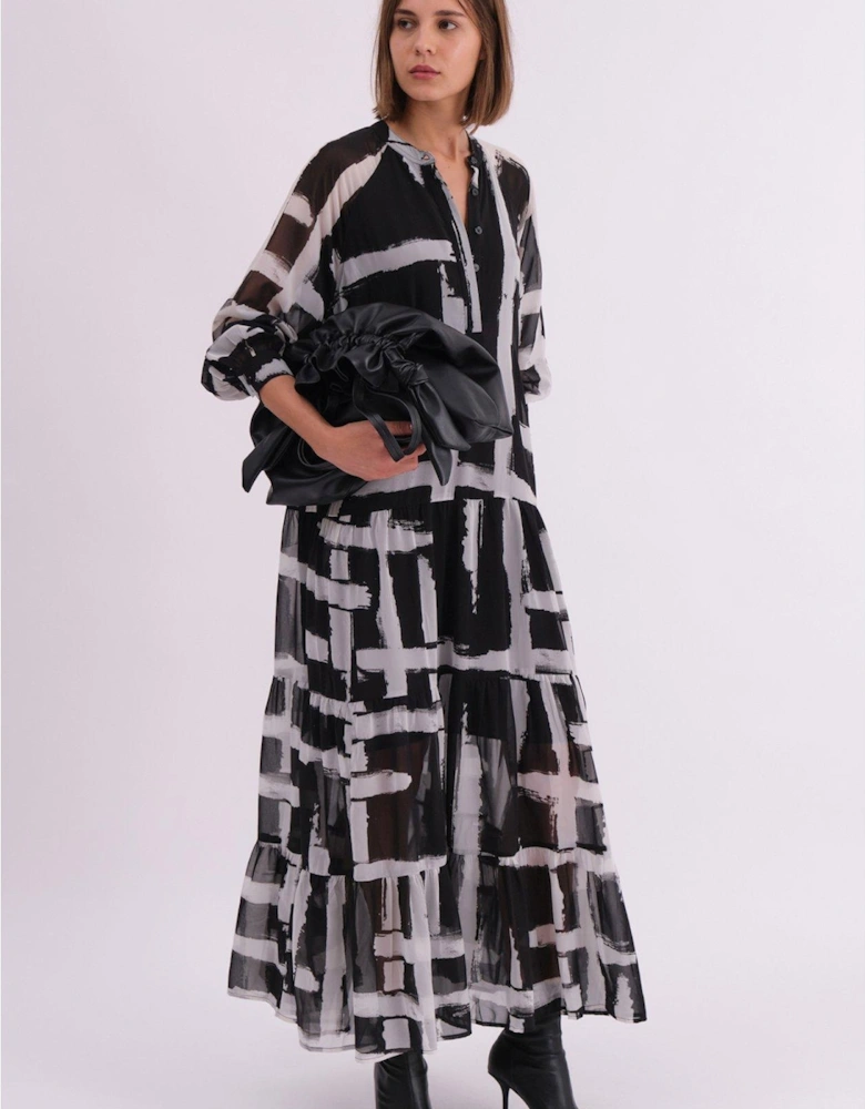 Sunset Maxi Shirt Dress With A Tiered Boho Style Skirt In Abstract Prints - Black