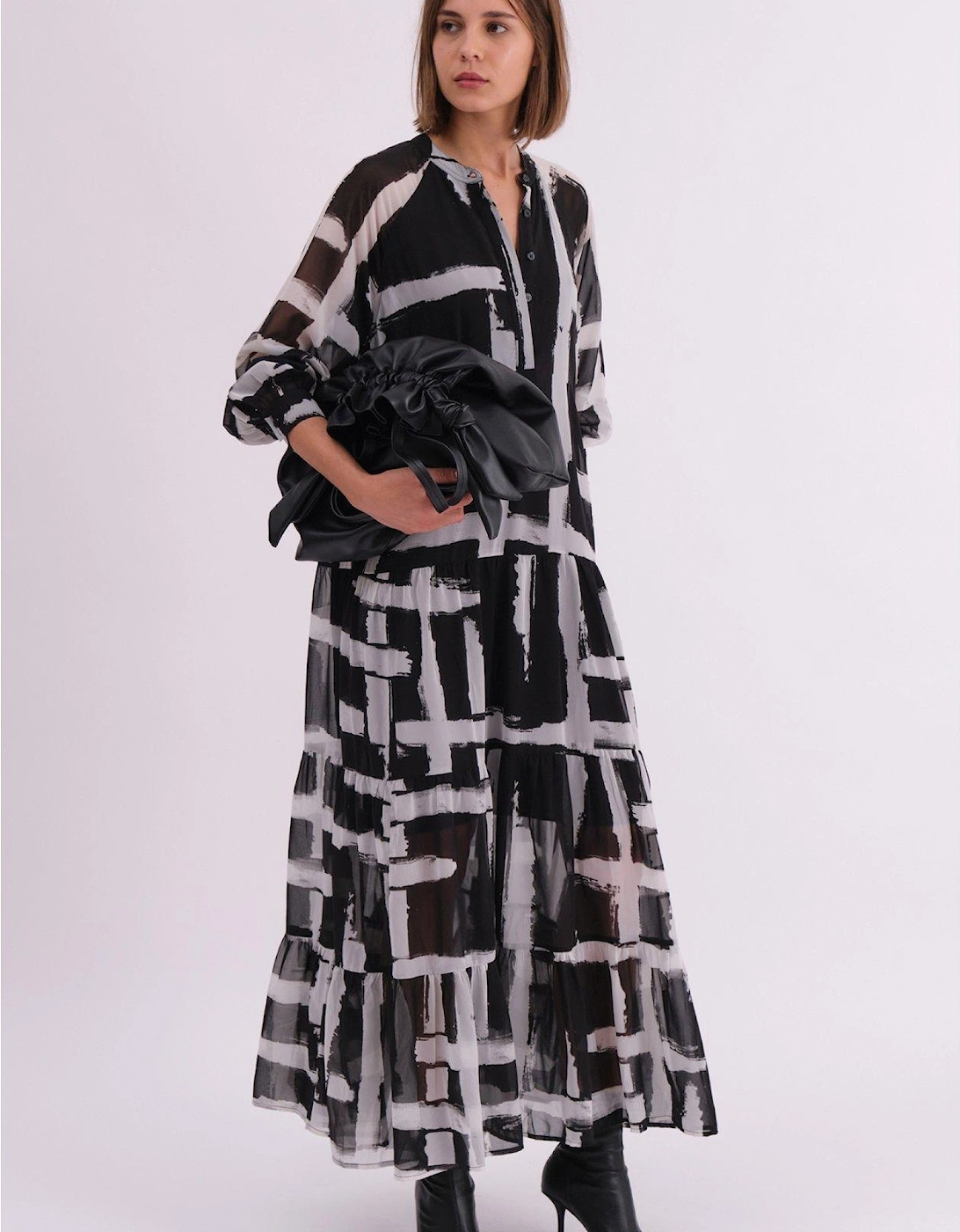 Sunset Maxi Shirt Dress With A Tiered Boho Style Skirt In Abstract Prints - Black