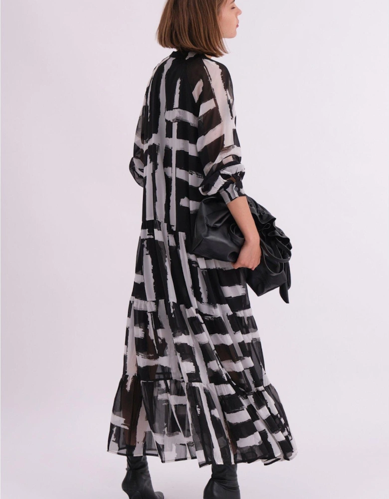 Sunset Maxi Shirt Dress With A Tiered Boho Style Skirt In Abstract Prints - Black