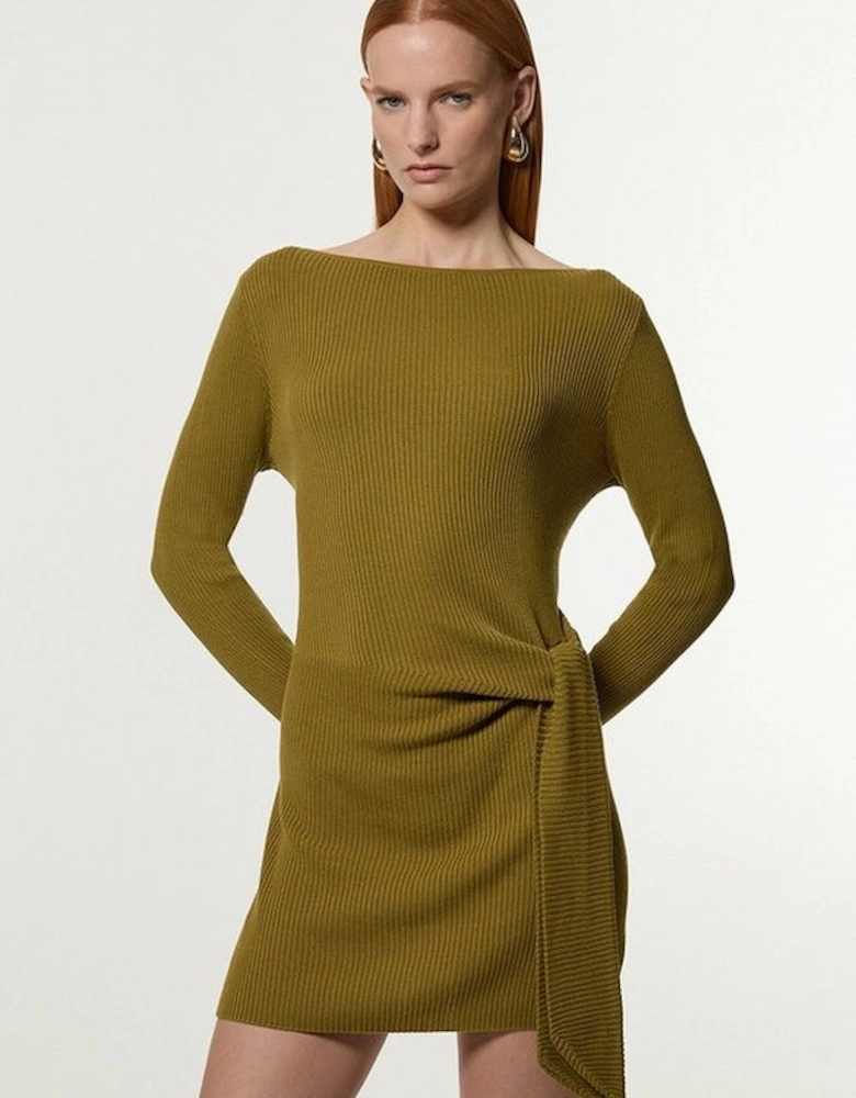 Wool Tencel Ribbed Knit Tie Detail Tunic