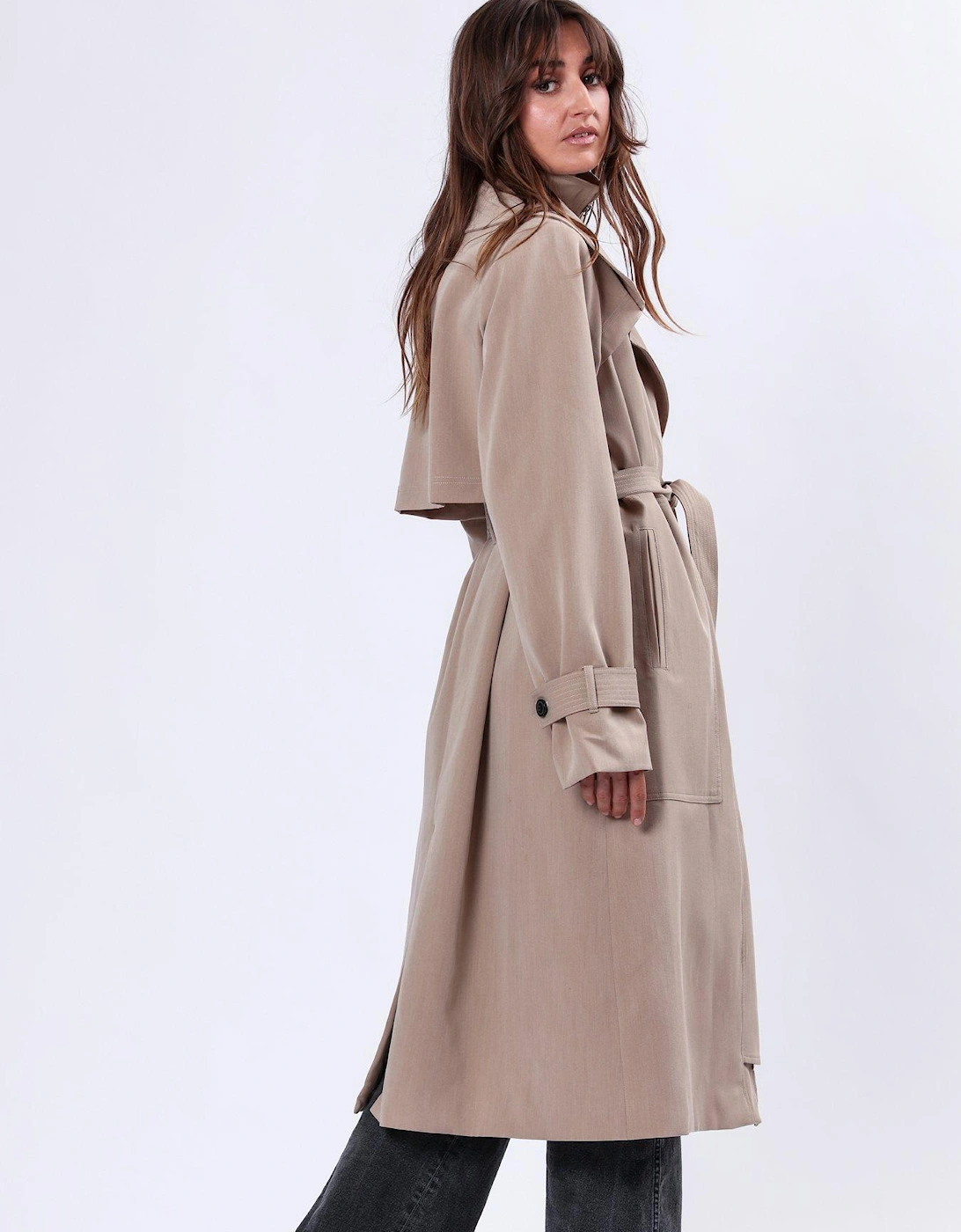 Spirit Maxi Trench Coat With Draped Double Layer And Belt