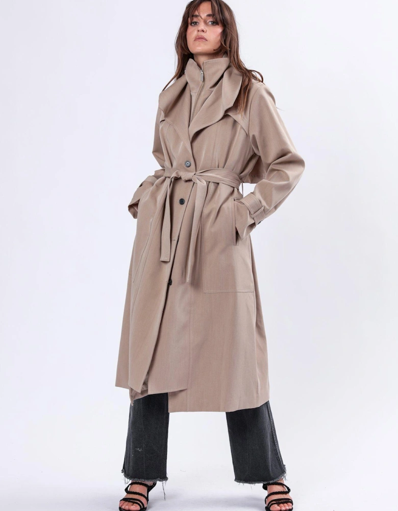 Spirit Maxi Trench Coat With Draped Double Layer And Belt