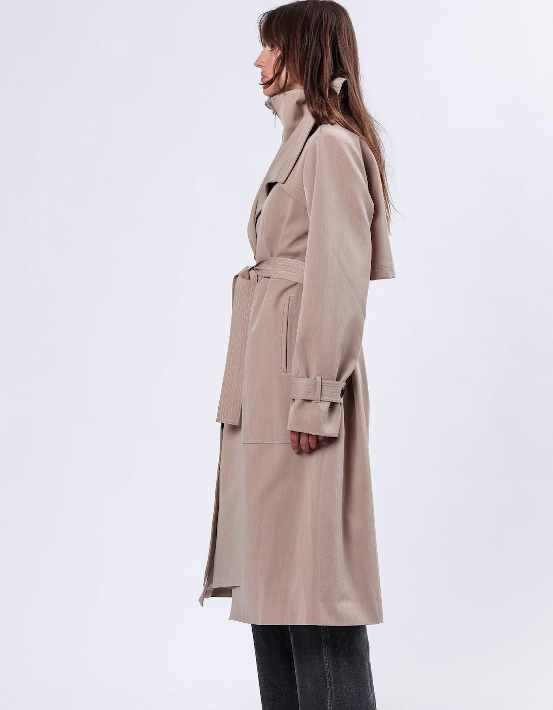 Spirit Maxi Trench Coat With Draped Double Layer And Belt