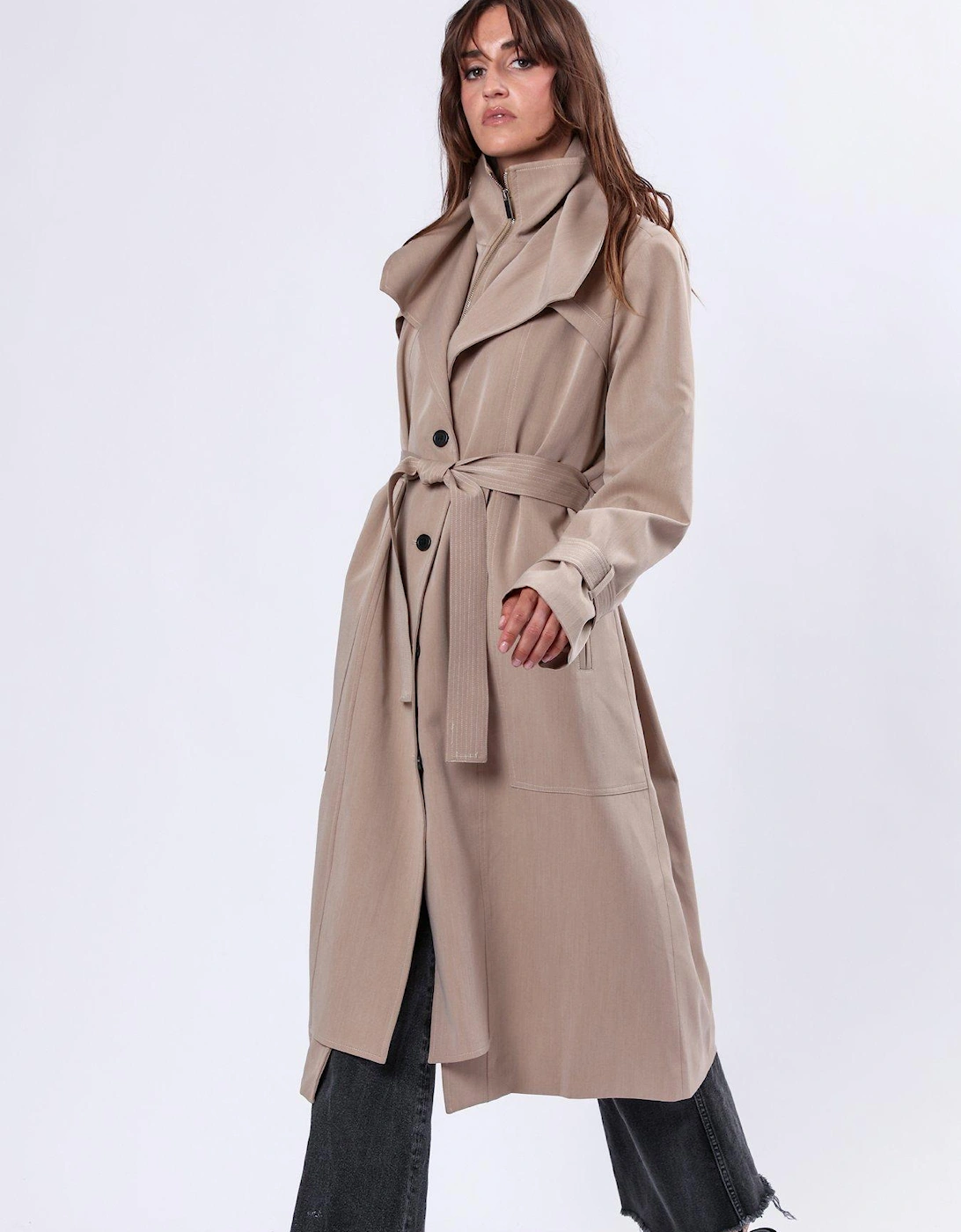 Spirit Maxi Trench Coat With Draped Double Layer And Belt