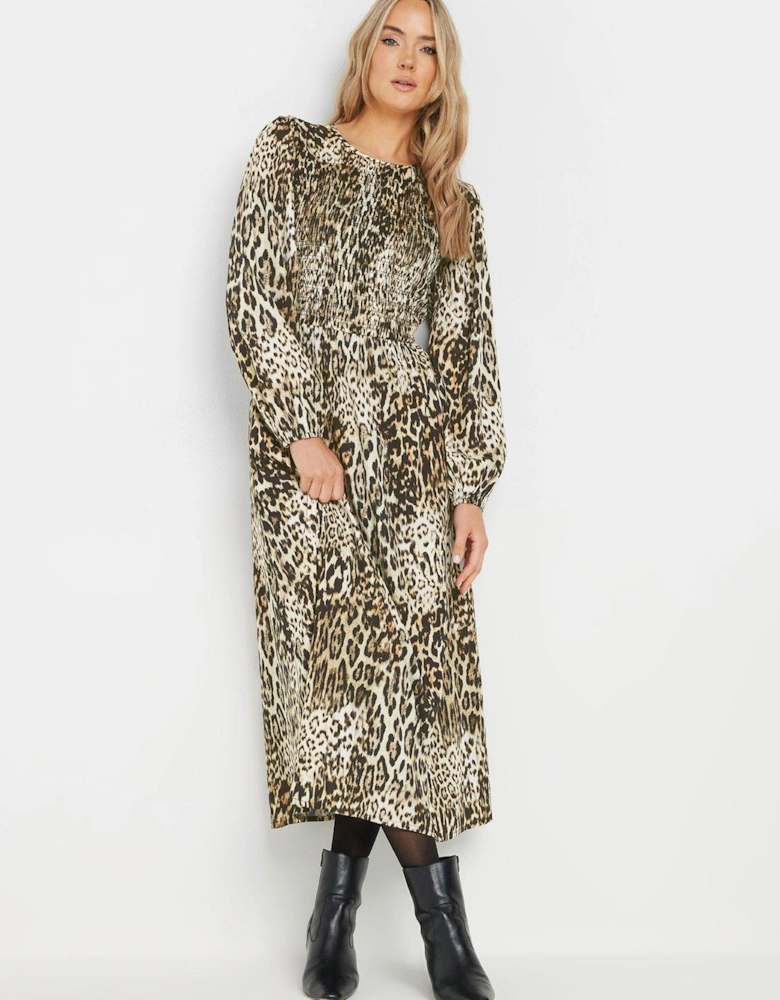 Animal Shirred Midaxi Dress - Natural