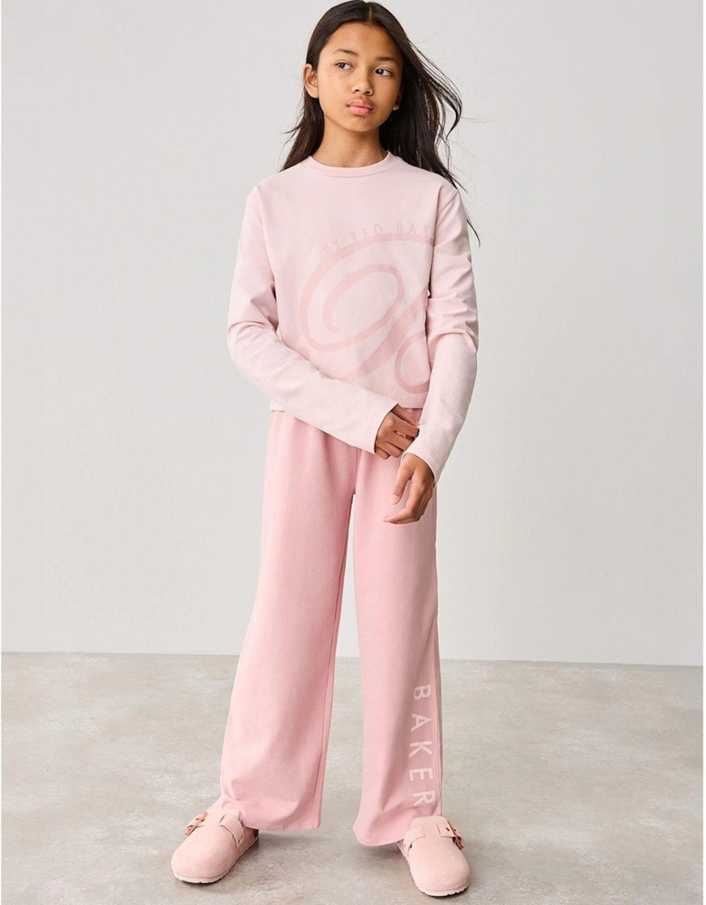 Girls Logo Wide Leg Jersey Pj Set - Pink