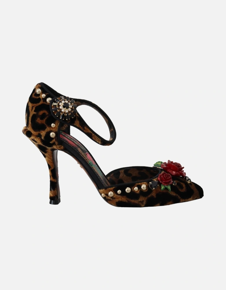 Leopard Velvet Pumps Rose Detail Women - Brown