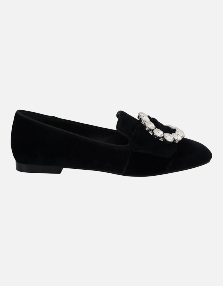 Velvet Loafers Crystal Detail Women - Black Flats