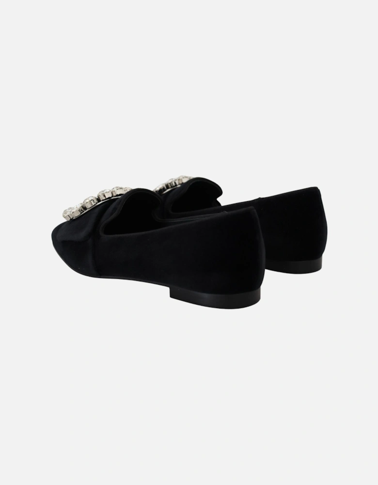 Velvet Loafers Crystal Detail Women - Black Flats