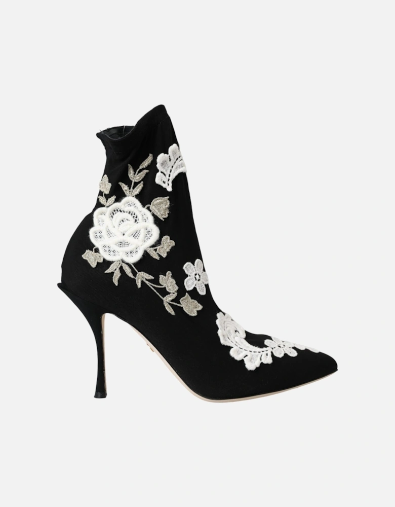 Embroidered Slip-On Boots with Leather Sole Women - Black And White