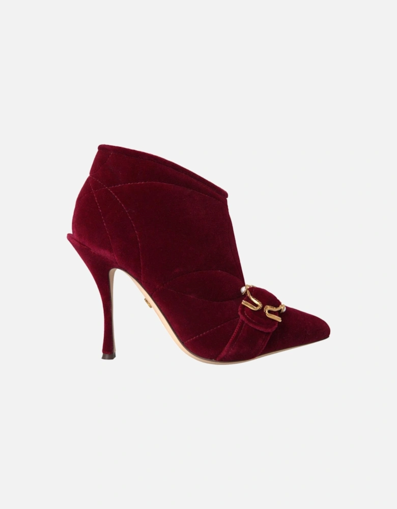 Red Leather Pointed Toe Booties with Buckle Detail and Stiletto Heel