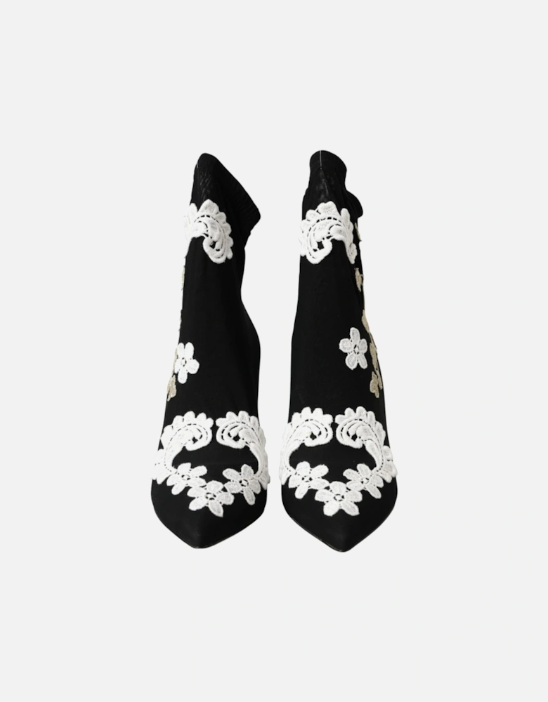 Embroidered Slip-On Boots with Leather Sole Women - Black And White