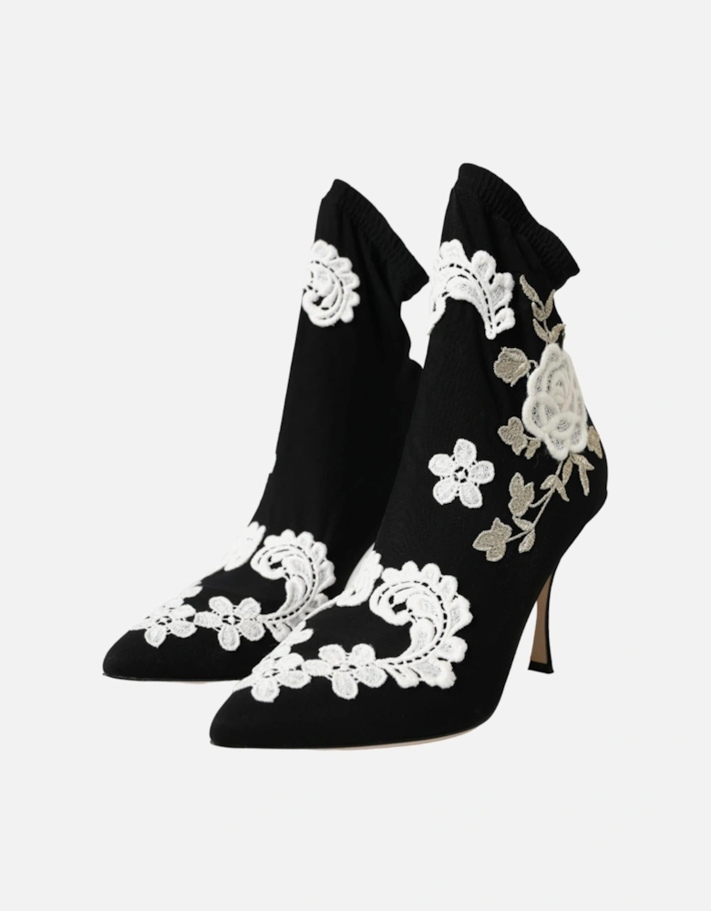 Embroidered Slip-On Boots with Leather Sole Women - Black And White