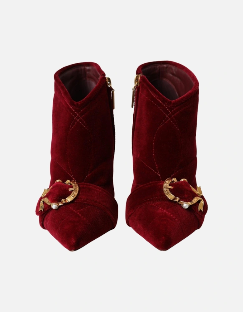 Red Leather Pointed Toe Booties with Buckle Detail and Stiletto Heel