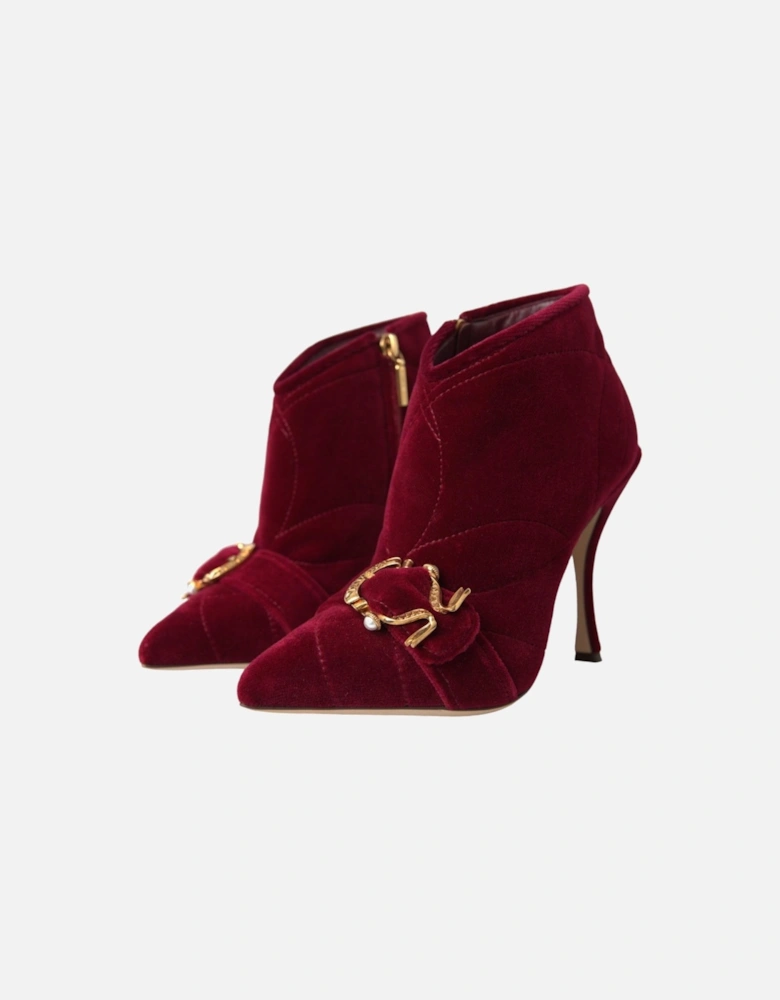 Red Leather Pointed Toe Booties with Buckle Detail and Stiletto Heel