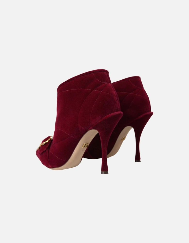 Red Leather Pointed Toe Booties with Buckle Detail and Stiletto Heel