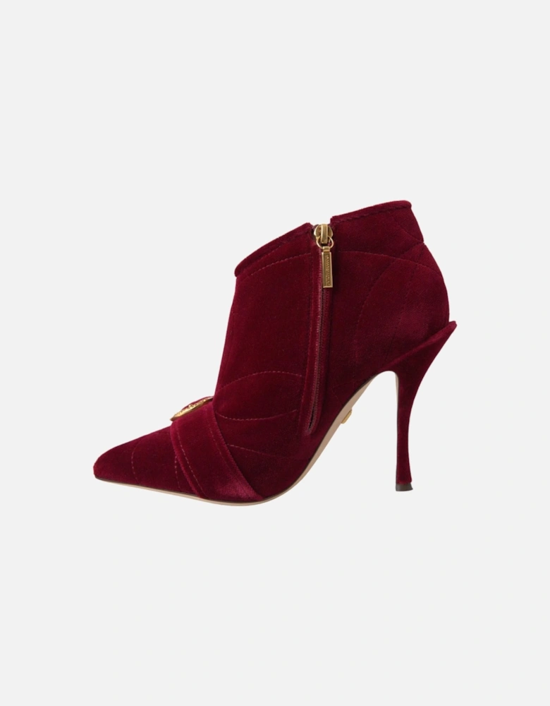 Red Leather Pointed Toe Booties with Buckle Detail and Stiletto Heel