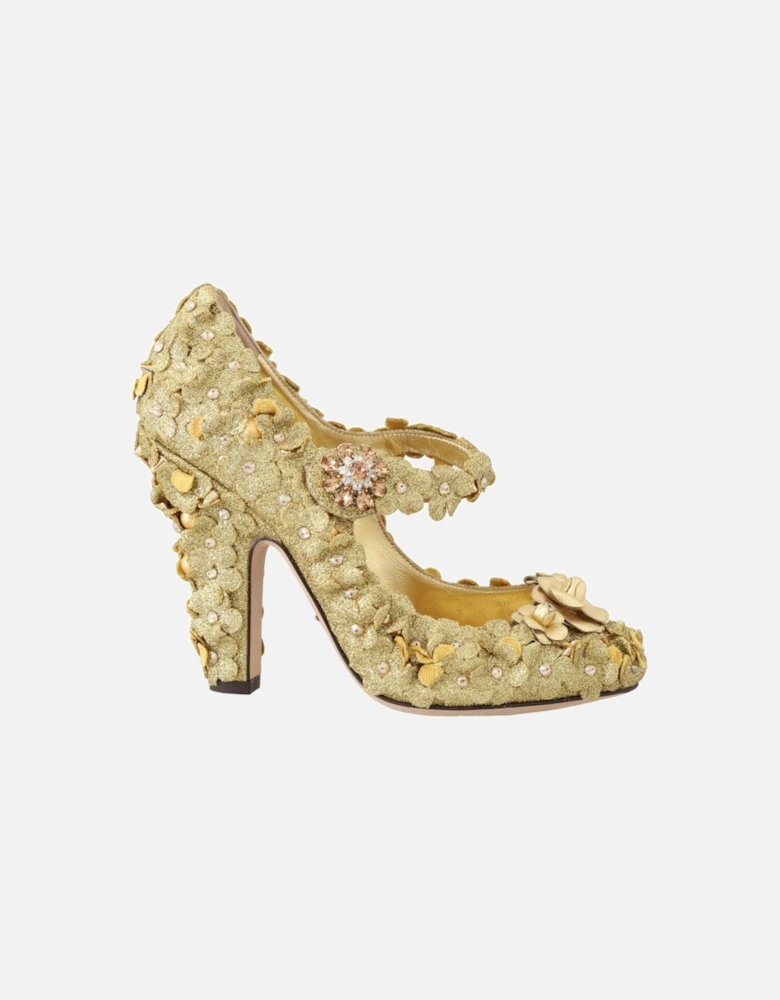 Floral Glitter Pumps Mary Jane Style Women - Gold