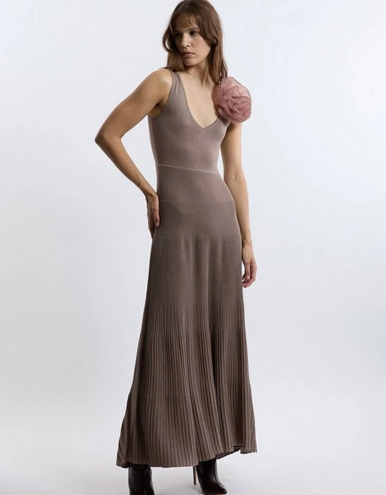 Viscose Blend Knit Corsage Detail Maxi Dress