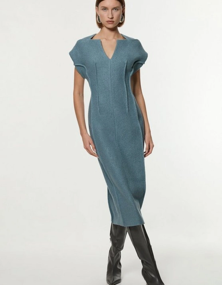 Textured Wool Blend Darted Tailored Midi Dress