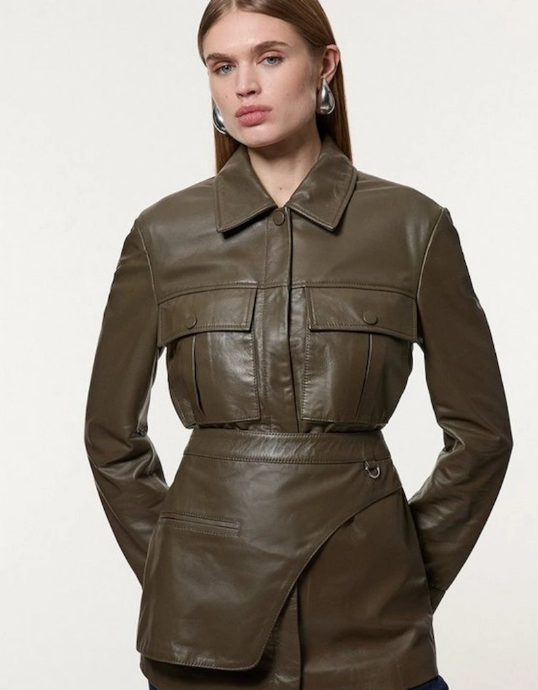 Leather Safari Jacket With Detachable Wrap Belt Detail