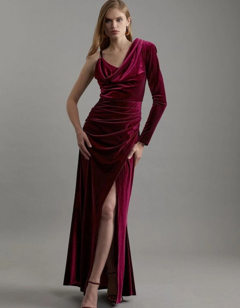 Velvet Asymmetric One Shoulder Tailored Maxi Dress