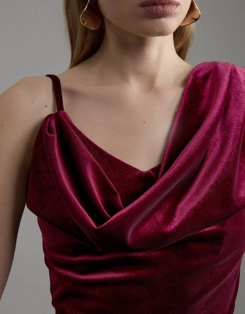 Velvet Asymmetric One Shoulder Tailored Maxi Dress