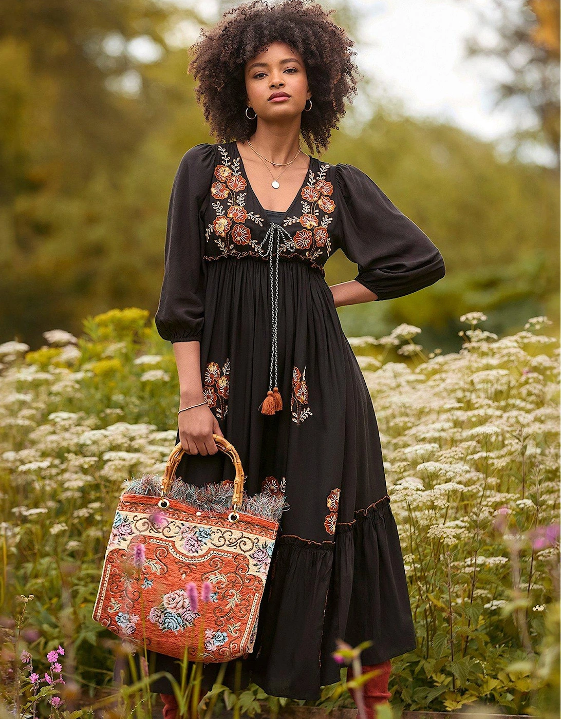 Embroidered Boho Black Dress