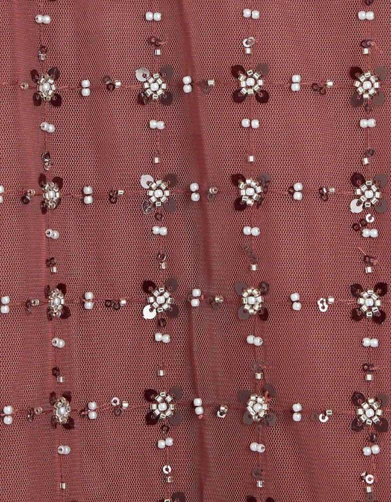 Floral Sequin Mesh Top - Dark Red