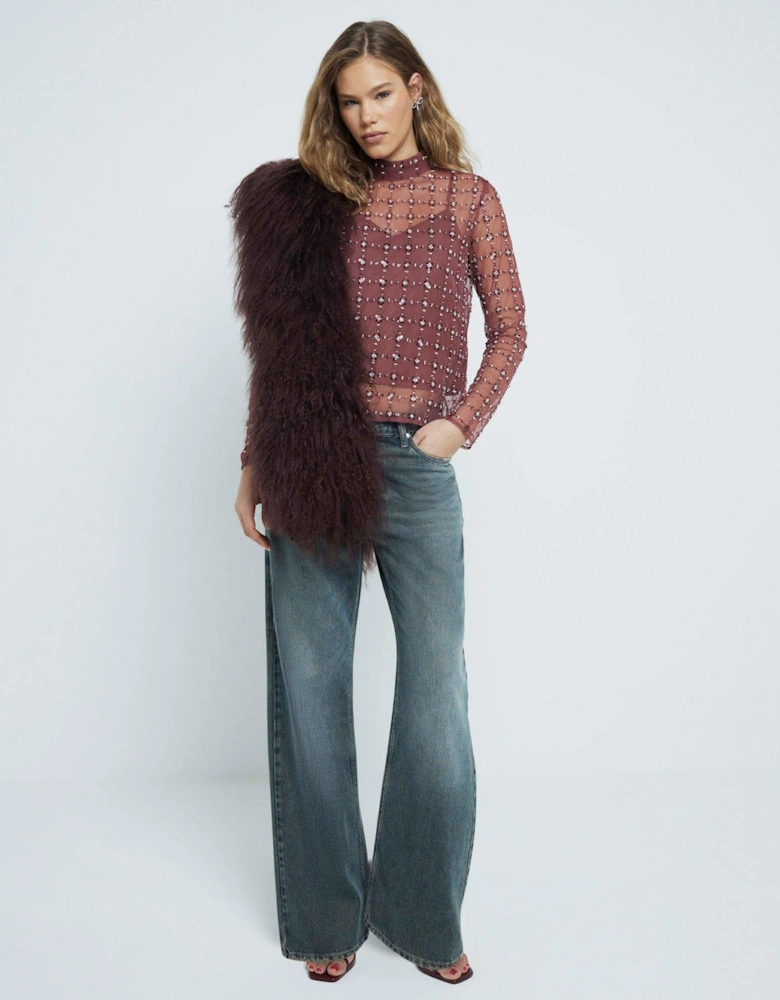 Floral Sequin Mesh Top - Dark Red