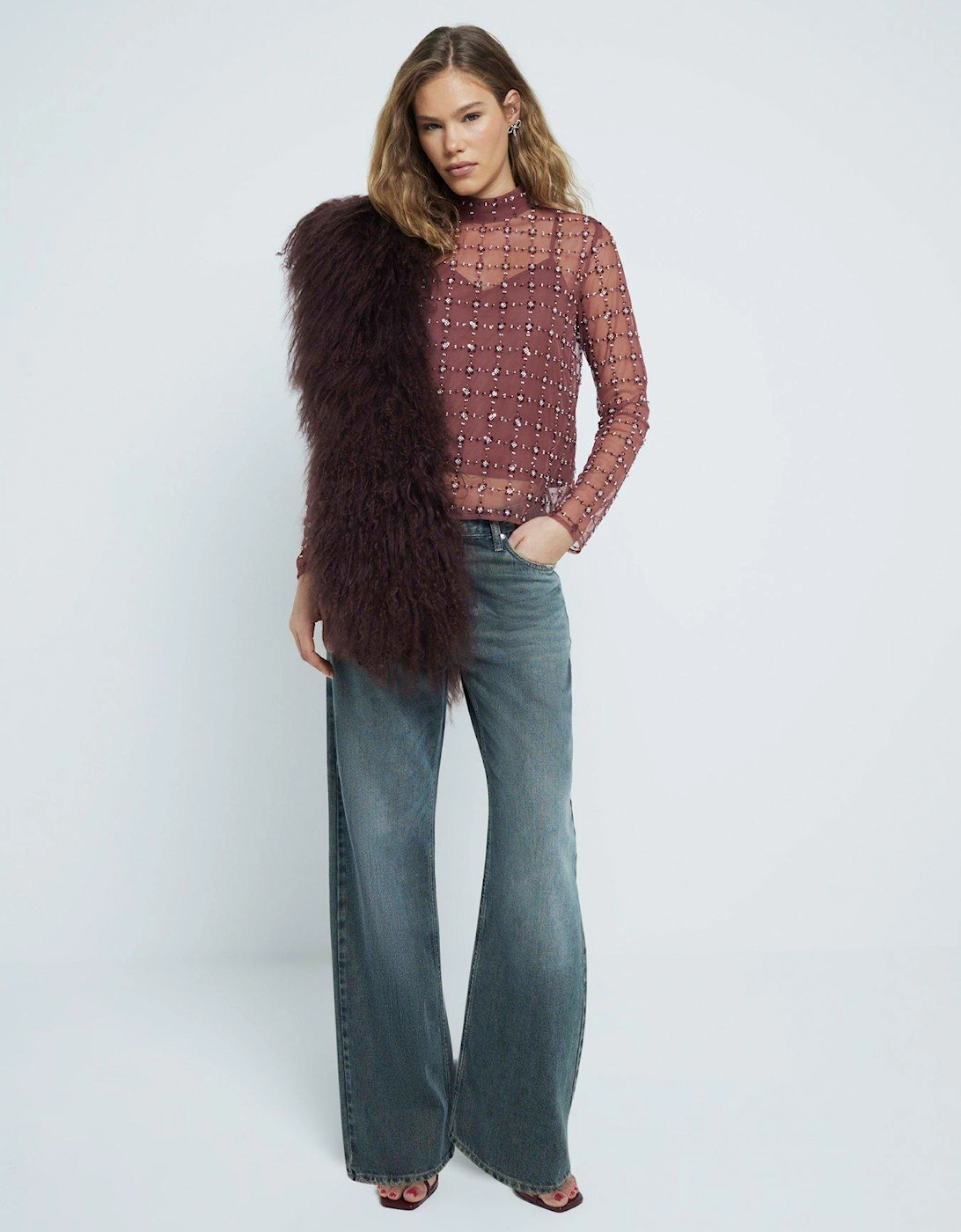 Floral Sequin Mesh Top - Dark Red