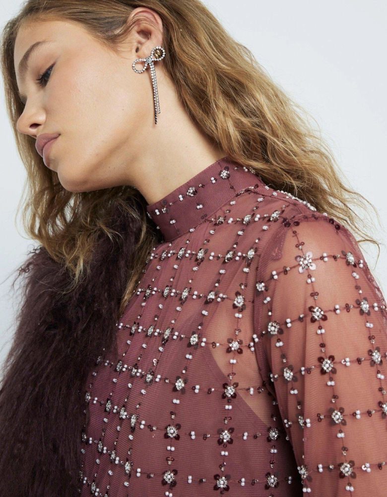 Floral Sequin Mesh Top - Dark Red